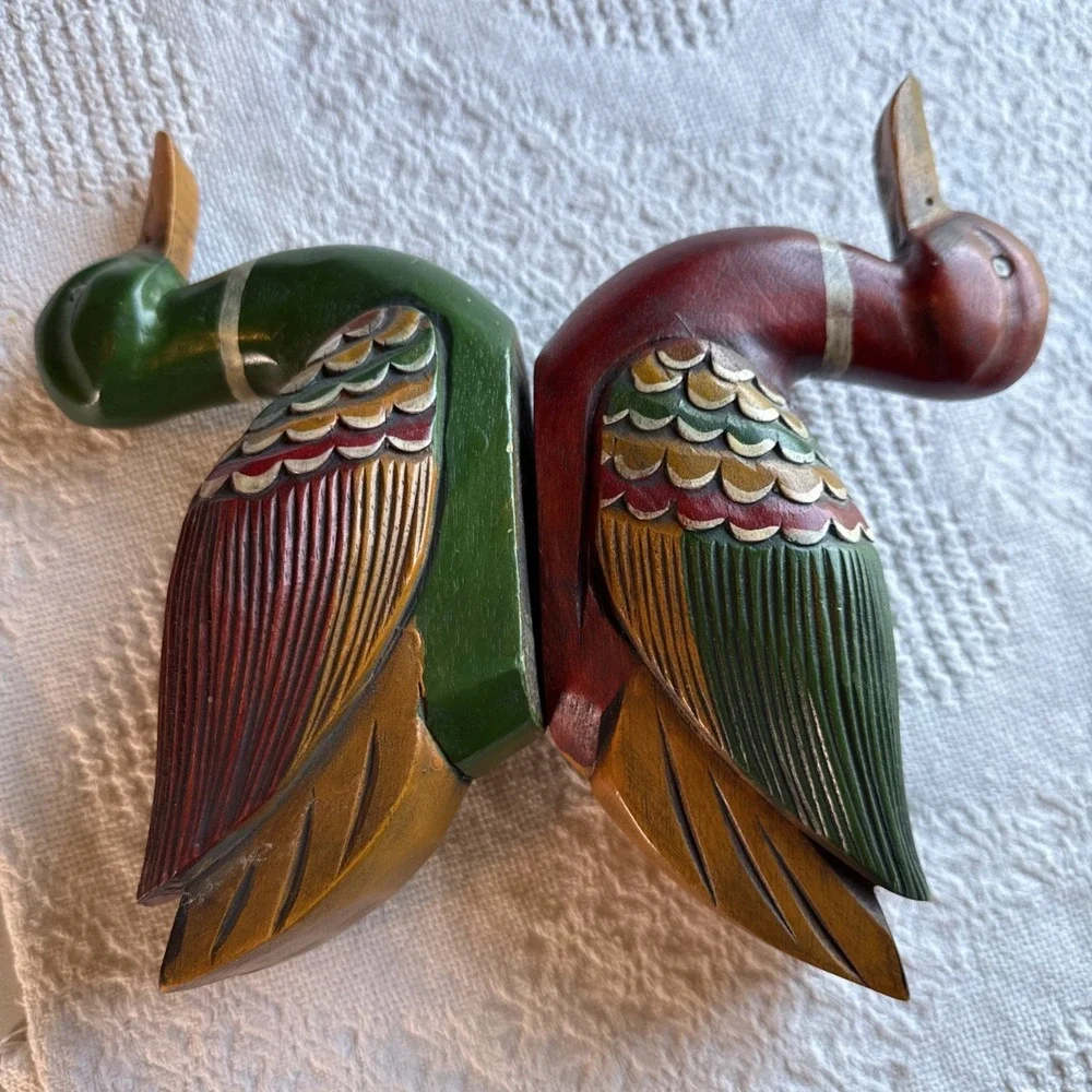 Vintage Decorative Wooden Duck Decoys. Mallard, Wood Duck Set of 2